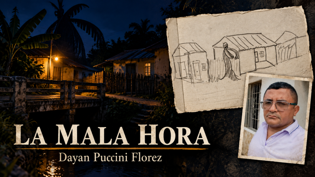 Portada de «La mala hora» con el dibujo original y el retrato de Dayan Puccini Florez junto a una calle oscura y un puente.